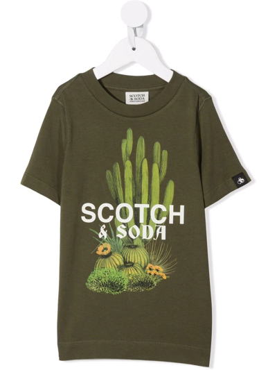 Scotch & Soda Kids' Graphic-print Organic Cotton T-shirt In Military Green