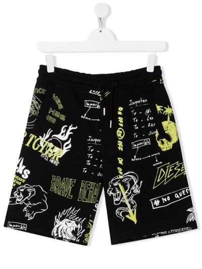 Diesel Kids Black Sports Shorts With Graphic Print