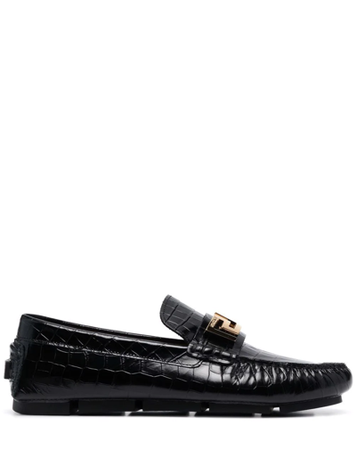 Versace Greca-plaque Crocodile-effect Loafers In 1b00v Black