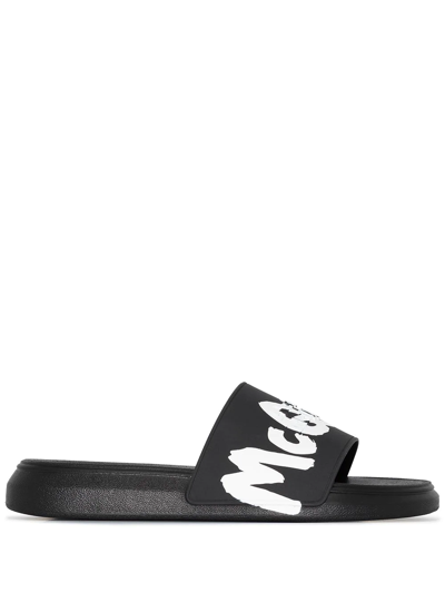Alexander Mcqueen Black Rubber Slide Sandals With Logo