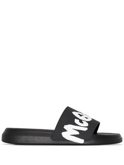 Alexander Mcqueen Graffiti Logo Slide Sandal In Black