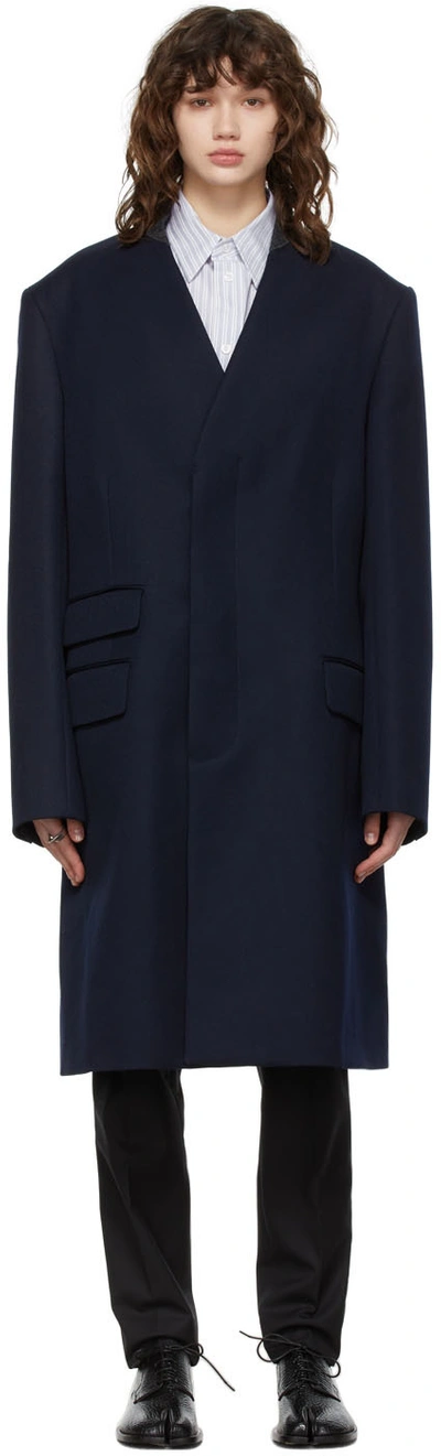 Maison Margiela Concealed Wool Coat In Blue