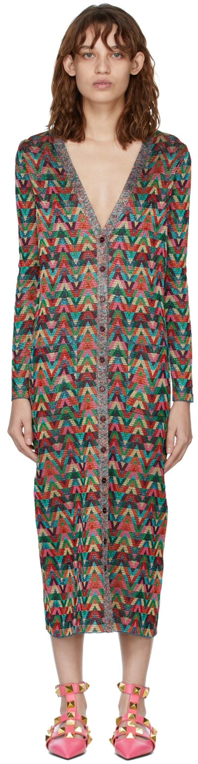 Valentino Jacquard Optical-pattern Lurex Long Cardigan In Multicolor