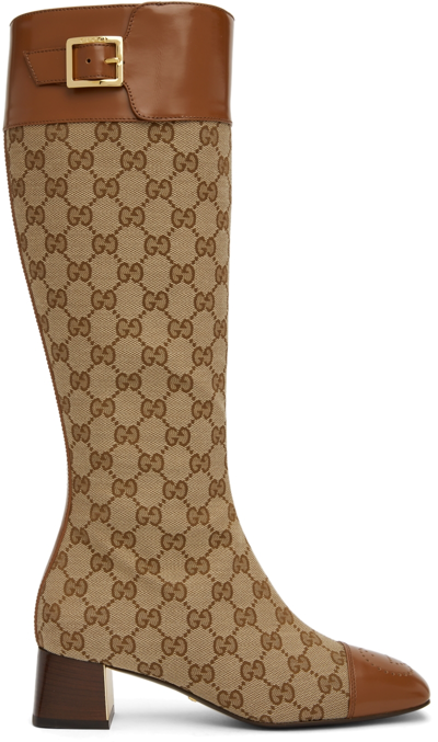 Gucci 45mm Ellis Tall Canvas & Leather Boots In Beige