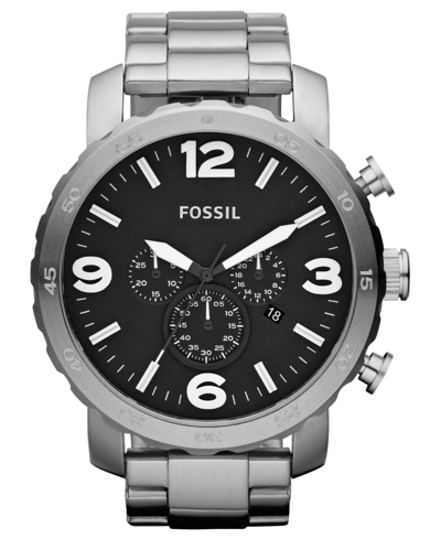 Fossil Men's Chronograph Nate Stainless Steel Bracelet Watch 50mm Jr1353 In Silver