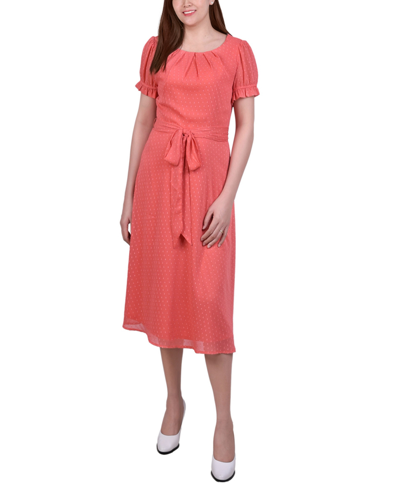 Ny Collection Petite Short Sleeve Belted Swiss Dot Dress In Spiced Coral Rectangle