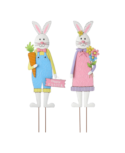 Glitzhome Metal Bunny Boy And Girl's Yard Stake Or Standing Decor Or Wall Decor, Set Of 2 In Multi