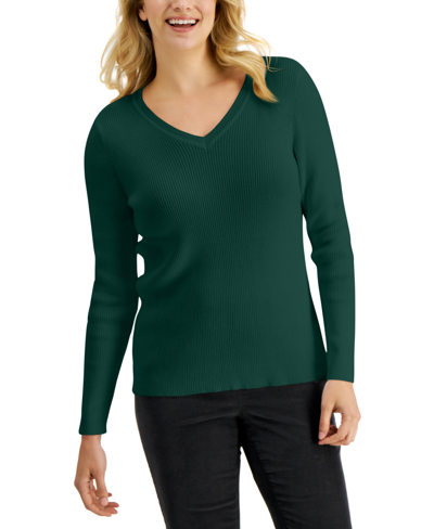Karen Scott Cotton Solid Rib V-neck Sweater, Created For Macy's In Spruce Night