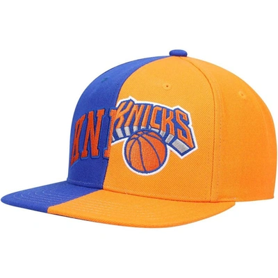 Mitchell & Ness Men's  Royal, Orange New York Knicks Half And Half Snapback Hat In Royal,orange