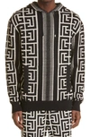 Balmain Hooded Wool Blend Sweater With All-over Monogram In Ivory/ Noir