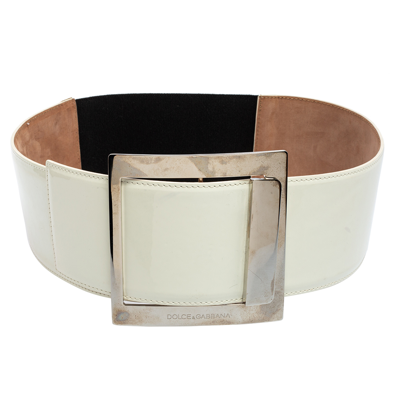 Pre-owned Dolce & Gabbana White/black Patent Leather And Elastic Band Buckle Waist Belt 90cm