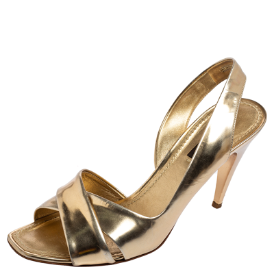 Pre-owned Louis Vuitton Gold Leather Barbara Criss Cross Slingback Sandals Size 37.5