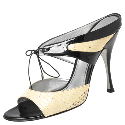 Pre-owned Dolce & Gabbana Black/beige Patent And Python Leather Open Toe Sandals Size 40