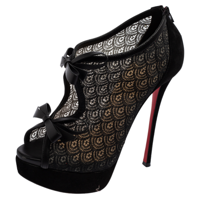 Pre-owned Christian Louboutin Black Lace, Leather And Suede Empiralta Bow Peep-toe Booties Size 36