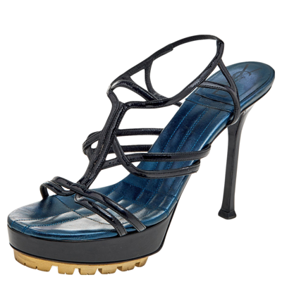 Pre-owned Saint Laurent Black Patent Leather Strappy Platform Sandals Size 36.5