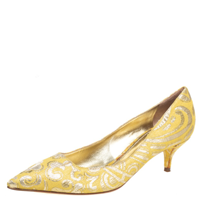 Pre-owned Dolce & Gabbana Yellow Brocade Fabric Pointed Toe Pumps Size 40
