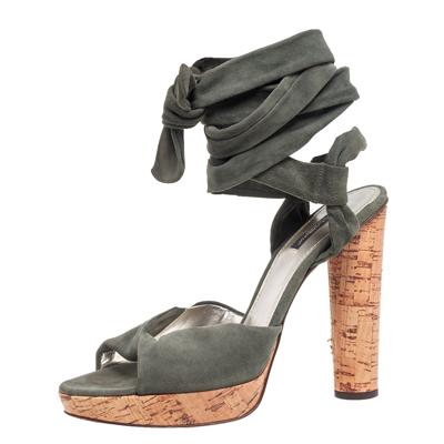 Pre-owned Dolce & Gabbana Army Green Suede Ankle-wrap Sandals Size 41