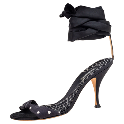 Pre-owned Dolce & Gabbana Navy Blue/black Polka Dot Knotted Fabric Ankle-wrap Sandals Size 40.5