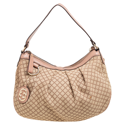 Pre-owned Gucci Beige/pink Diamante Canvas And Leather Medium Sukey Hobo