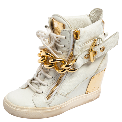 Pre-owned Giuseppe Zanotti White Leather Chain Detail High-top Sneakers Size 36.5