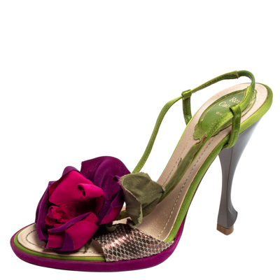 Pre-owned René Caovilla Multicolor Snakeskin Leather And Satin Flower Applique Slingback Sandals Size 37