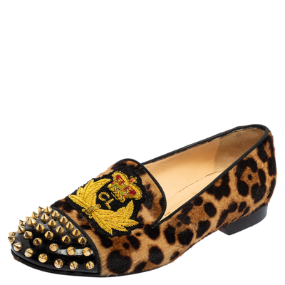 Pre-owned Christian Louboutin Brown Leopard Print Calf Hair And Black Patent Leather Harvanana Spike Loafers Size 37