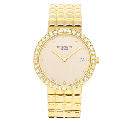 Pre-owned Patek Philippe Silver Diamonds 18k Yellow Gold Calatrava 3936/1j Women's Wristwatch 33 Mm
