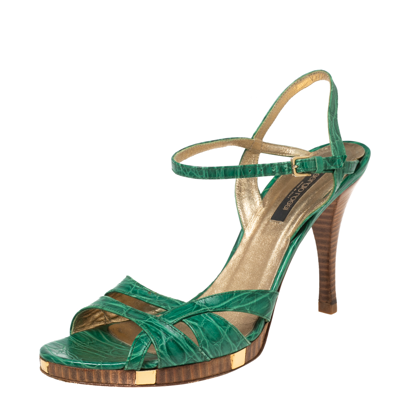 Pre-owned Sergio Rossi Green Croc Embossed Leather Ankle-strap Sandals Size 41
