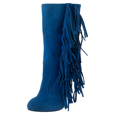Pre-owned Giuseppe Zanotti Blue Suede Fringe Detail Mid Calf Boots Size 37