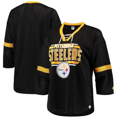 Starter Women's Black Pittsburgh Steelers Lead Game Lace-up V-neck 3/4 Sleeve T-shirt