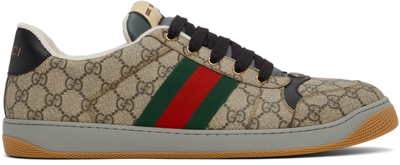 Gucci Screener Gg Logo Taupe Leather Trainers In Beige