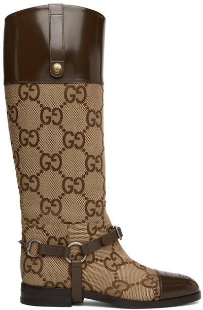 Gucci Gg Canvas & Leather Knee Boots W/harness In Camel Ebony
