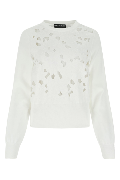 Dolce & Gabbana Crewneck Openwork Embroidered Sweater In White