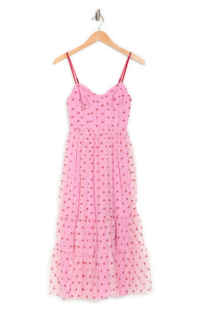 Betsey Johnson Metallic Heart Print Mesh Midi Dress In Pale Pink