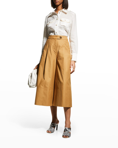Zimmermann Postcard Pleated Cotton-twill Wide-leg Culottes In Light Olive