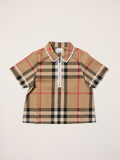 Burberry Babies' Cotton Polo T-shirt With Exploded Check Pattern In Beige
