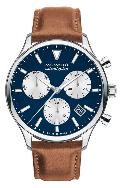 Movado Men's Calendoplan Cognac Brown Genuine Leather Strap Watch 43mm In Silver