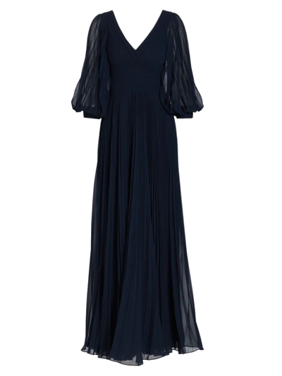 Teri Jon Chiffon Pleated Gown In Navy
