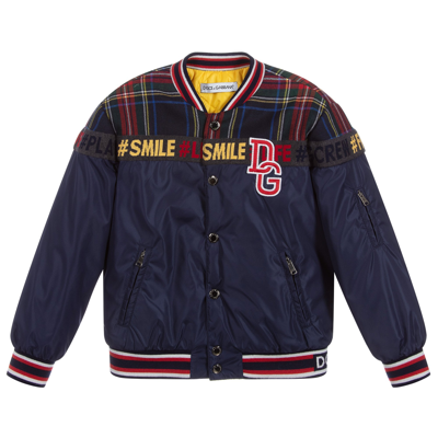 Dolce & Gabbana Kids' Panelled Logo Patch Bomber Jacket In Blue