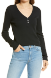 Splendid Waffle Knit Henley Top In Black