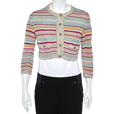 Pre-owned Chanel Multicolor Stripe Cotton Knit Cardigan M