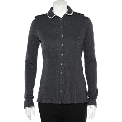 Pre-owned Burberry Grey Cotton Knit Long Sleeve Button Front Top M