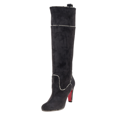 Pre-owned Christian Louboutin Dark Grey Suede And Snakeskin Trim Louloubotta Knee Length Boots Size 37