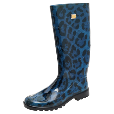 Pre-owned Dolce & Gabbana Blue/black Leopard Print Rubber Rain Boots Size 38