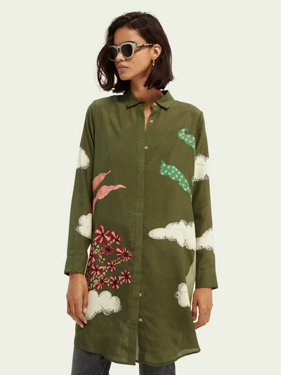 Scotch & Soda Printed Button-down Silk Dress In Green | ModeSens