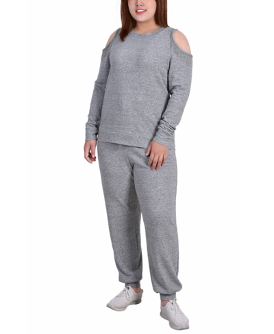 Ny Collection Plus Size Long Sleeve Cold Shoulder Jogger Set In Light Gray