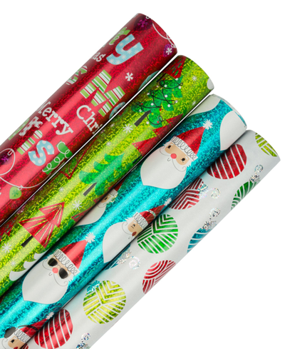 Jam Paper Assorted Gift Wrap 100 Square Feet Christmas Wrapping Paper Rolls, Pack Of 4