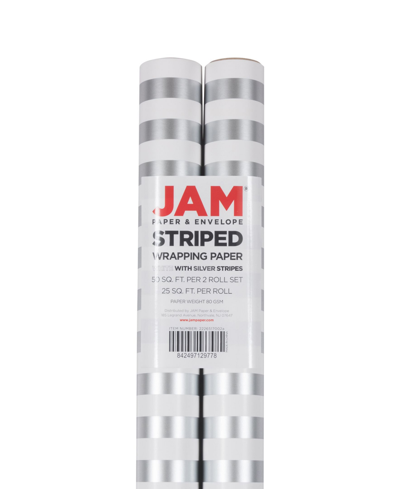 Jam Paper Gift Wrap 50 Square Feet Striped Wrapping Paper Rolls, Pack Of 2 In Silver-tone And White Striped