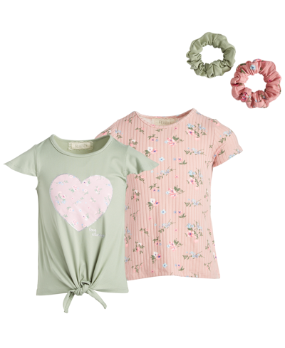 Btween Kids'  Little Girls High Low Tie Front Top With Heart Motif And Gwp Scrunchie, Pack Of 2 In Seagrass