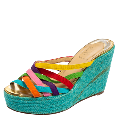 Pre-owned Christian Louboutin Multicolor Fabric Crepon Espadrille Wedge Sandals Size 37